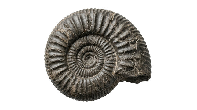 Detailed grayscale fossil ammonite shell with spiral ridges and textured surface