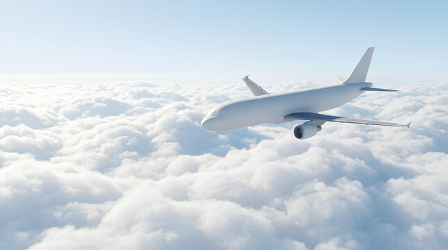White commercial airplane flying high above fluffy clouds