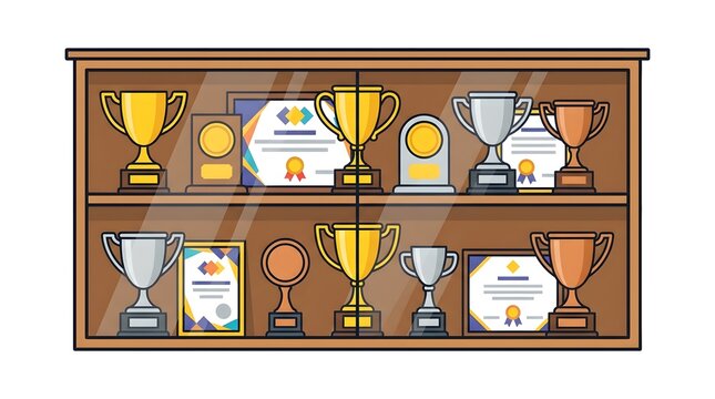 Wooden trophy cabinet with glass doors showcasing gold, silver, and bronze champion cups, achievement awards, and frame certificates.