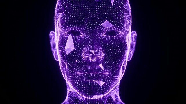 3D render of abstract purple digital human face, glowing data connections and geometric particles, artificial intelligence, cybersecurity and big data concept, 4K video