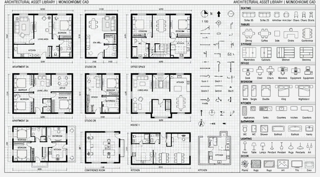 Architectural floor plan layouts and furniture symbols reference sheet