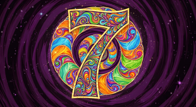 Colorful psychedelic number seven on purple cosmic background with swirls.