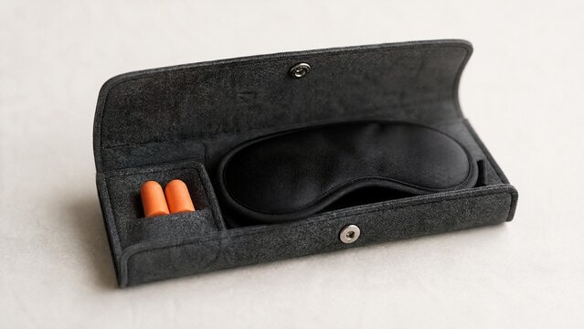 Earplugs and a black sleep mask in a soft felt case, minimalist arrangement.