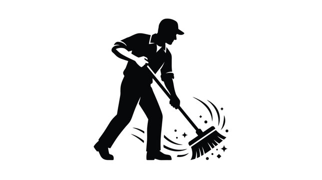 Black silhouette janitor, cleaning icon, broom sweep, janitorial services, cleaning symbol