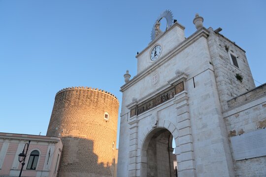 Bitonto town in Italy. City in Apulia region of Southern Italy. Piazza Cavour and Baresana gate.