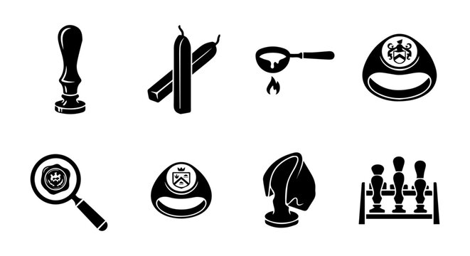 Stamp, Pencil, Magnifying glass, Chess icon set, outline style, white background