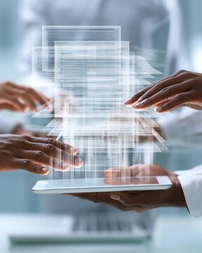 Closeup medium shot featuring wireless tablet and diverse hands digitizing contracts into layered 3D translucent documents blurred sleek workspace background with highkey