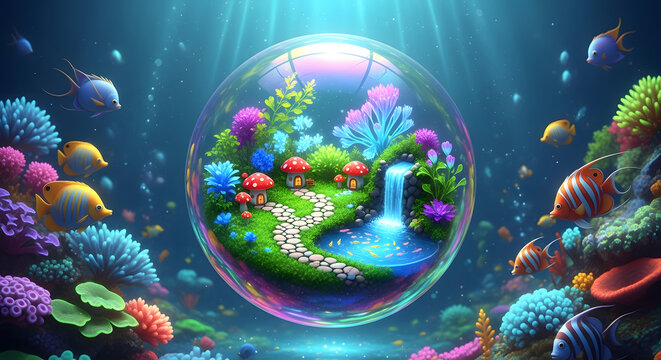 Underwater fantasy world in a shimmering bubble with colorful coral, fish, miniature island and mushroom houses.