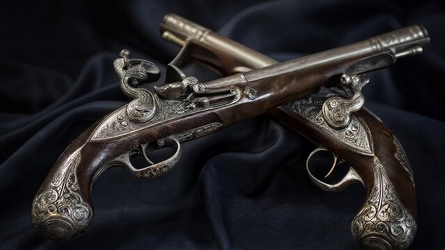 Two antique flintlock pistols crossed with intricate metal inlay.