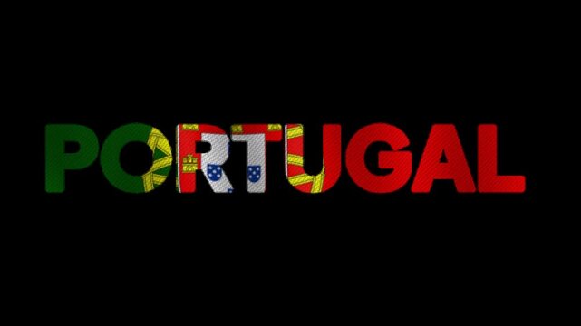 Portugal country name animation with Portuguese flag effect. Perfect for the 2026 World Cup or any need related to the country. Alpha video.