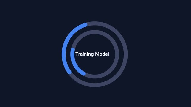 Animated digital interface displaying an AI model training progress ring with status text on a dark background, representing machine learning, artificial intelligence development, and automated data p