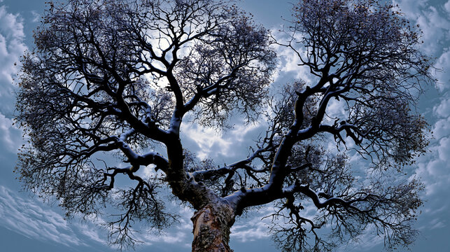 Ancient oak tree canopy against dramatic sky, nature background