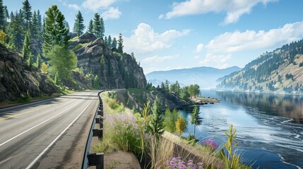 Fototapeta premium Scenic coastal highway curves alongside a tranquil lake, framed by mountains and lush greenery