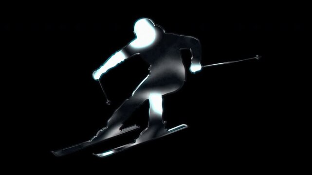 Silver metallic skier executing sharp turn on slope silhouette. Alpha channel. Seamless loop video.