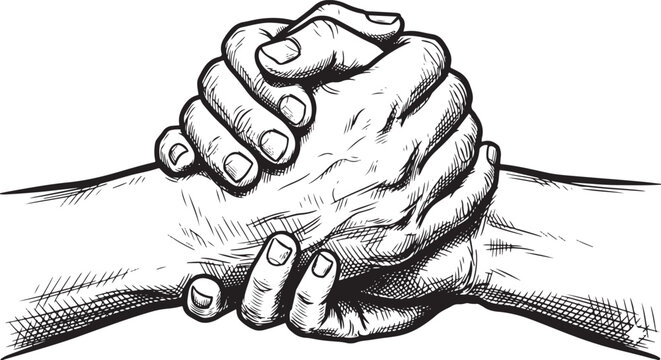 Two hands clasping wrists in a gesture of solidarity and strength, black and white line art sketch illustration