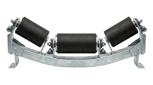 Precision conveyor belt idler rollers with black rubber coating and steel mounting brackets