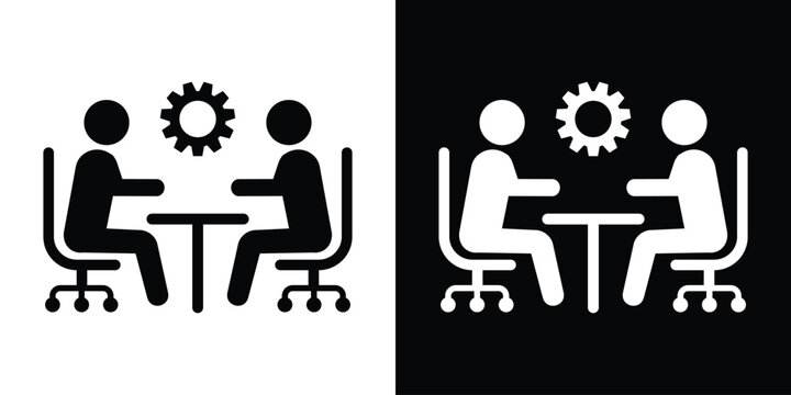 Business meeting vector icon. Two people sitting at a table with a gear mechanism symbol. Minimalist flat design for workflow and collaboration.