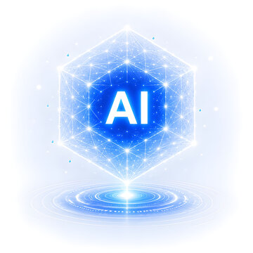 Geometric AI hologram polyhedron on futuristic platform