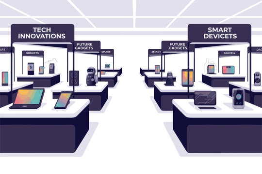 Modern Tech Innovations and Smart Devices Exhibition Store Illustration