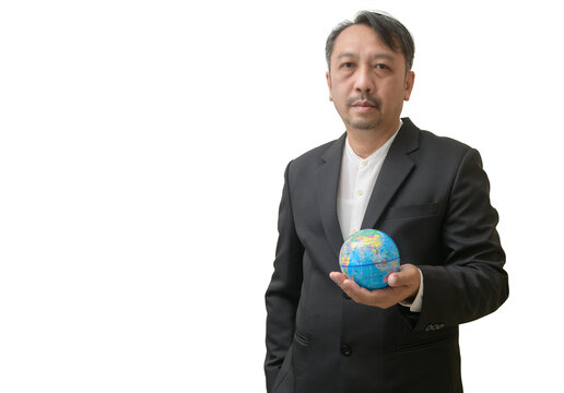 Asian Businessman Holding Globe Isolated on White Background