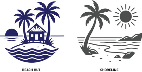 Obraz premium Tropical beach scene vector graphics hut and shoreline designs