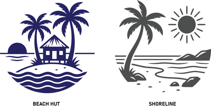 Tropical beach scene vector graphics hut and shoreline designs