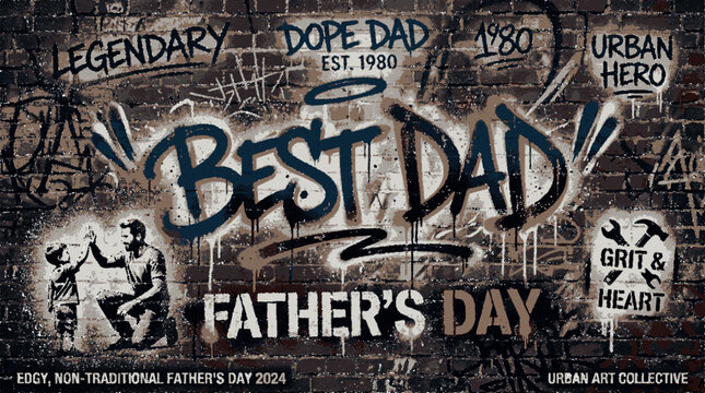 Best dad graffiti urban wall art poster featuring father and son high five illustration for father's day greeting celebration