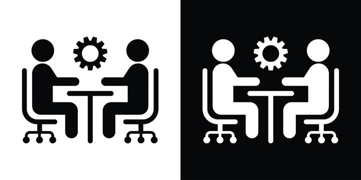 Business meeting vector icon. Two people sitting at a table with a gear mechanism symbol. Minimalist flat design for workflow and collaboration.