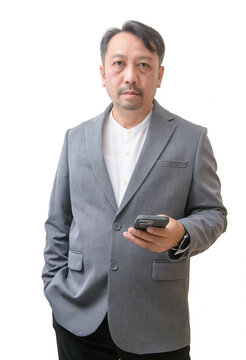 Asian Businessman Holding Smartphone Isolated on White Background