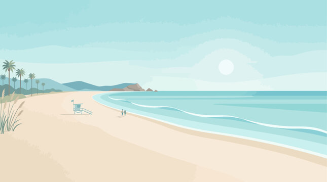 Abstract summer background with art illustration of sea beach and sky. Tropical coast landscape with beautiful sea shore beach on a nice sunny day