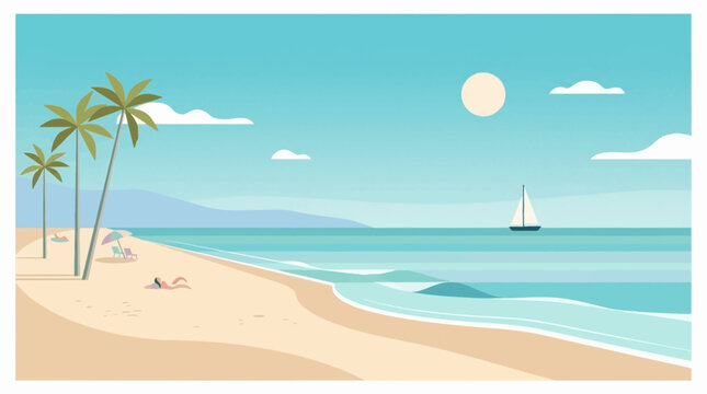 Abstract summer background with art illustration of sea beach and sky. Tropical coast landscape with beautiful sea shore beach on a nice sunny day