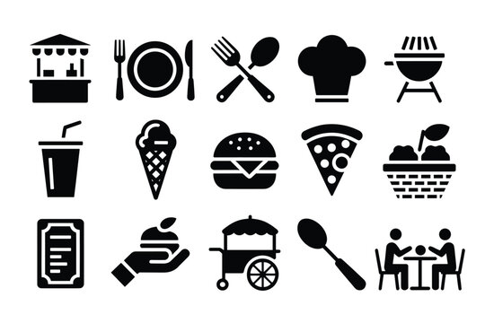 Set of 15 Black Food and Restaurant Vector Icons