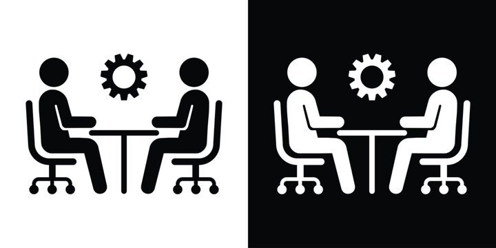 Business meeting vector icon. Two people sitting at a table with a gear mechanism symbol. Minimalist flat design for workflow and collaboration.