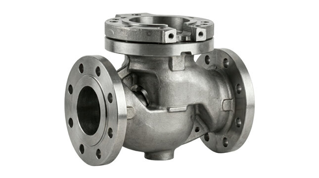 Stainless steel three-way flanged pipe connector valve, industrial metal joint with bolt holes and smooth interior