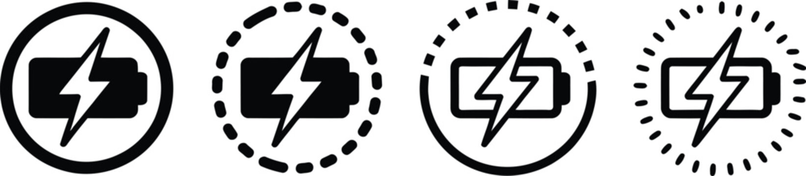 Battery charging icon set featuring lightning bolt power symbol inside different circle borders solid line dashed line and rays.