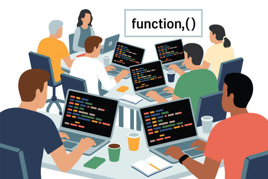 Group of diverse developers coding on laptops in a meeting with function() call