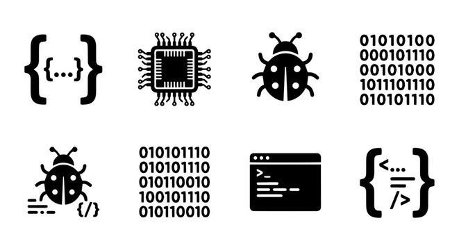 Bug icon set, solid black, white background, vector illustration