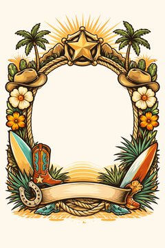 Western Surf Cowboy Tropical Border Frame Sheriff Star Sunburst Palm Trees Cactus Flowers Surfboards Boots Horseshoe Ribbon Rope Emblem Badge Retro Coastal Country Adventure Template Art
