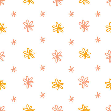 Cute scandinavian floral seamless pattern. Vector boho nursery background with hand drawn line flowers for kids fabric print, baby textile, wallpaper.