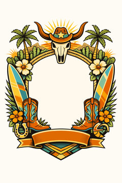Western Surf Cowboy Tropical Border Frame Longhorn Bull Skull Sunburst Palm Trees Cactus Flowers Surfboards Boots Horseshoe Ribbon Shield Emblem Badge Retro Coastal Safari Country Adventure Heritage
