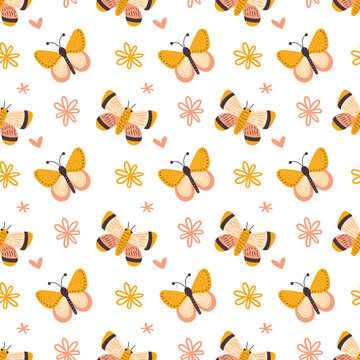 Cute scandinavian butterfly seamless pattern. Vector boho nursery background with hand drawn butterflies, hearts and flowers for kids fabric print, baby textile, wallpaper.