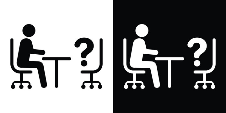 Person at a desk facing an empty chair with a large question mark. Vector icon for missing candidate, job opening, hiring dilemma, or unknown guest.