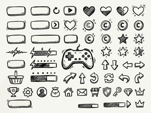 Hand-drawn doodle game interface elements and icons set.
