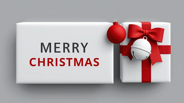 Minimalist clean festive christmas design with two wrapped white gift boxes decorated with red bow bauble and bell on solid gray background