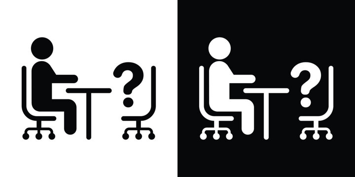 Person at a desk facing an empty chair with a large question mark. Vector icon for missing candidate, job opening, hiring dilemma, or unknown guest.