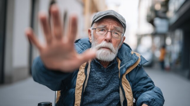 Elderly man in wheelchair with hand raised as if refusing contact, conveying nursing home elder abuse and neglect concern.
