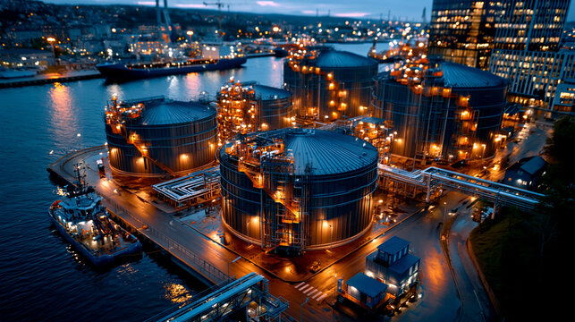 Illuminated industrial storage tanks dominate the waterfront background, showcasing energy infrastructure and urban logistics.
