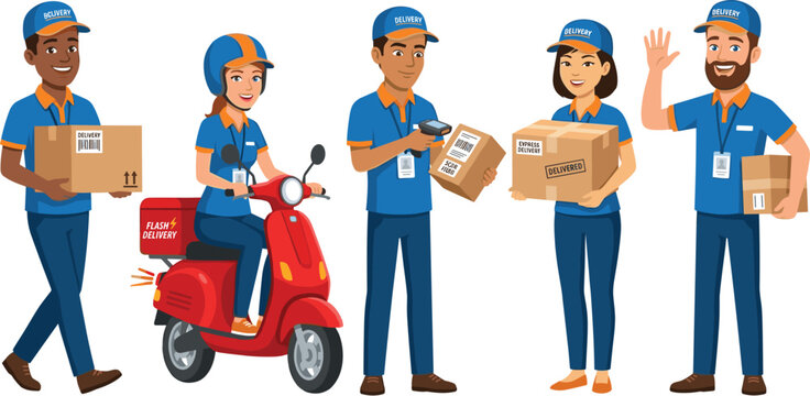 Delivery Service Character Vector Set with Couriers Carrying Boxes Scanning Packages and Riding Scooter for Logistics and Shipping Concepts
