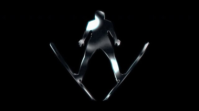 Silver metallic ski jumper soaring in mid-air silhouette. Alpha channel. Seamless loop video.