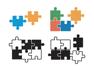 Naklejka premium Puzzle Piece Icon Vector Featuring Colorful Outline and Solid Black Designs for Teamwork and Logic Concepts